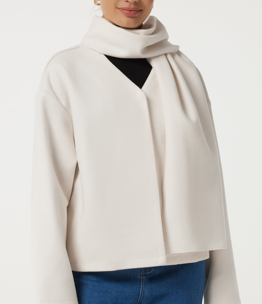 V Neck Long Sleeve Fleece Casual Coat with Pockets — Tofu — view 5