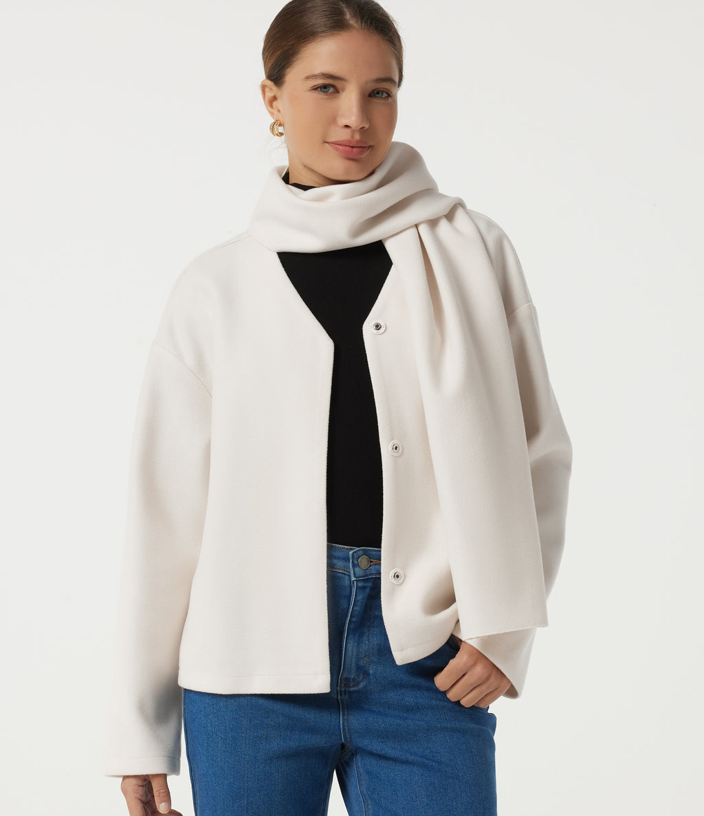 V Neck Long Sleeve Fleece Casual Coat with Pockets — Tofu — view 1