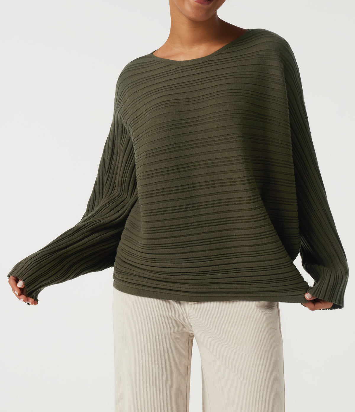Boat Neck Batwing Long Sleeve Work Jumper — Winter Moss — view 5