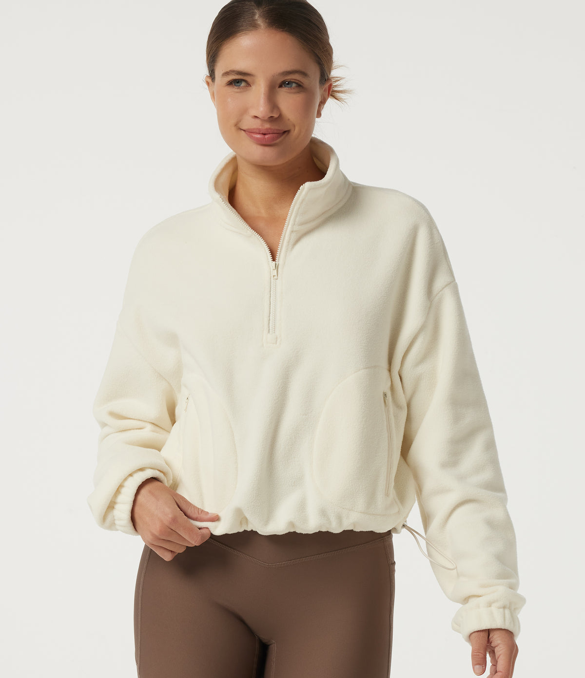 Mock Neck Long Sleeve Running Sports Top with Pockets — White Asparagus — view 1
