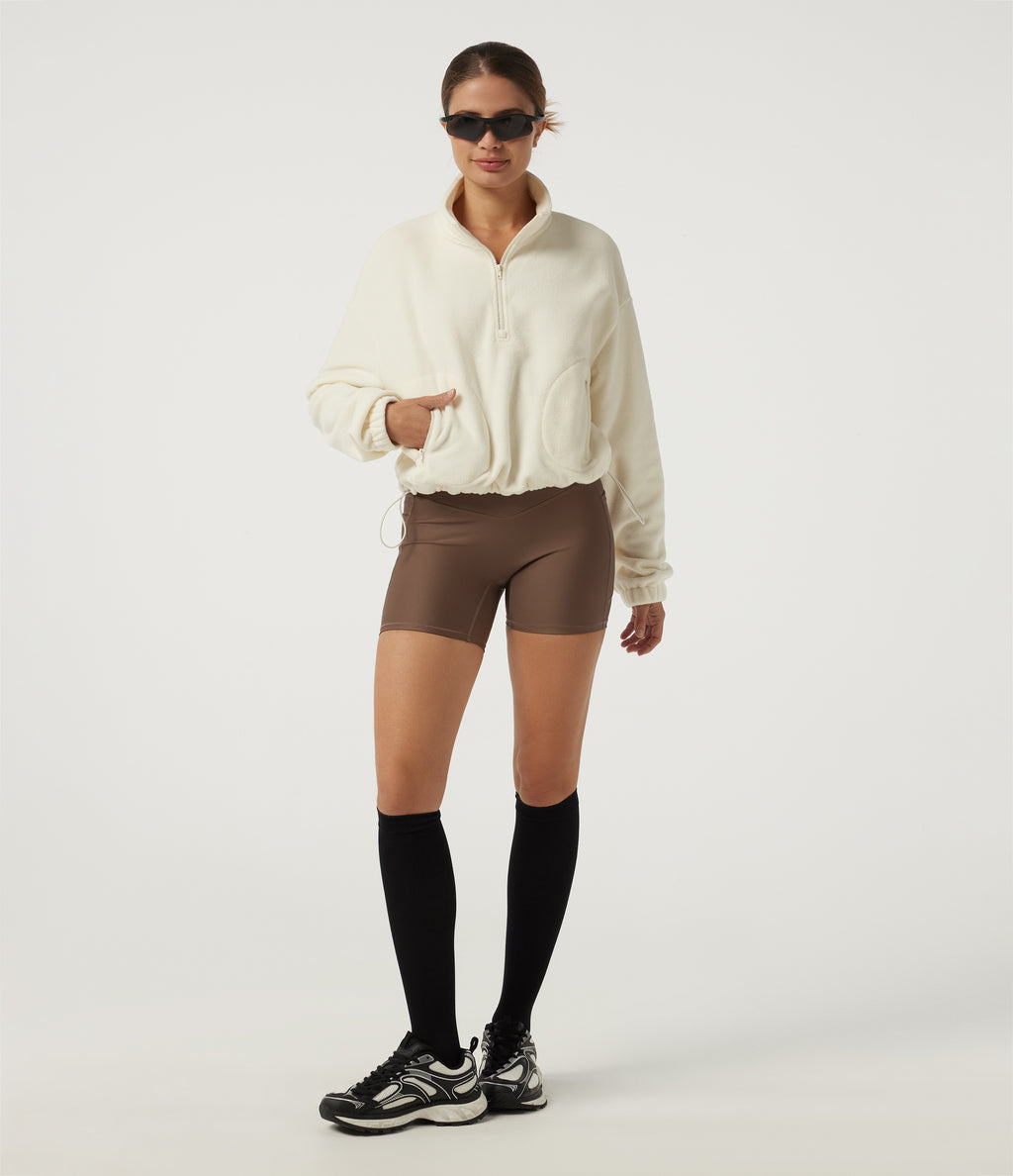 Mock Neck Long Sleeve Running Sports Top with Pockets — White Asparagus — view 8