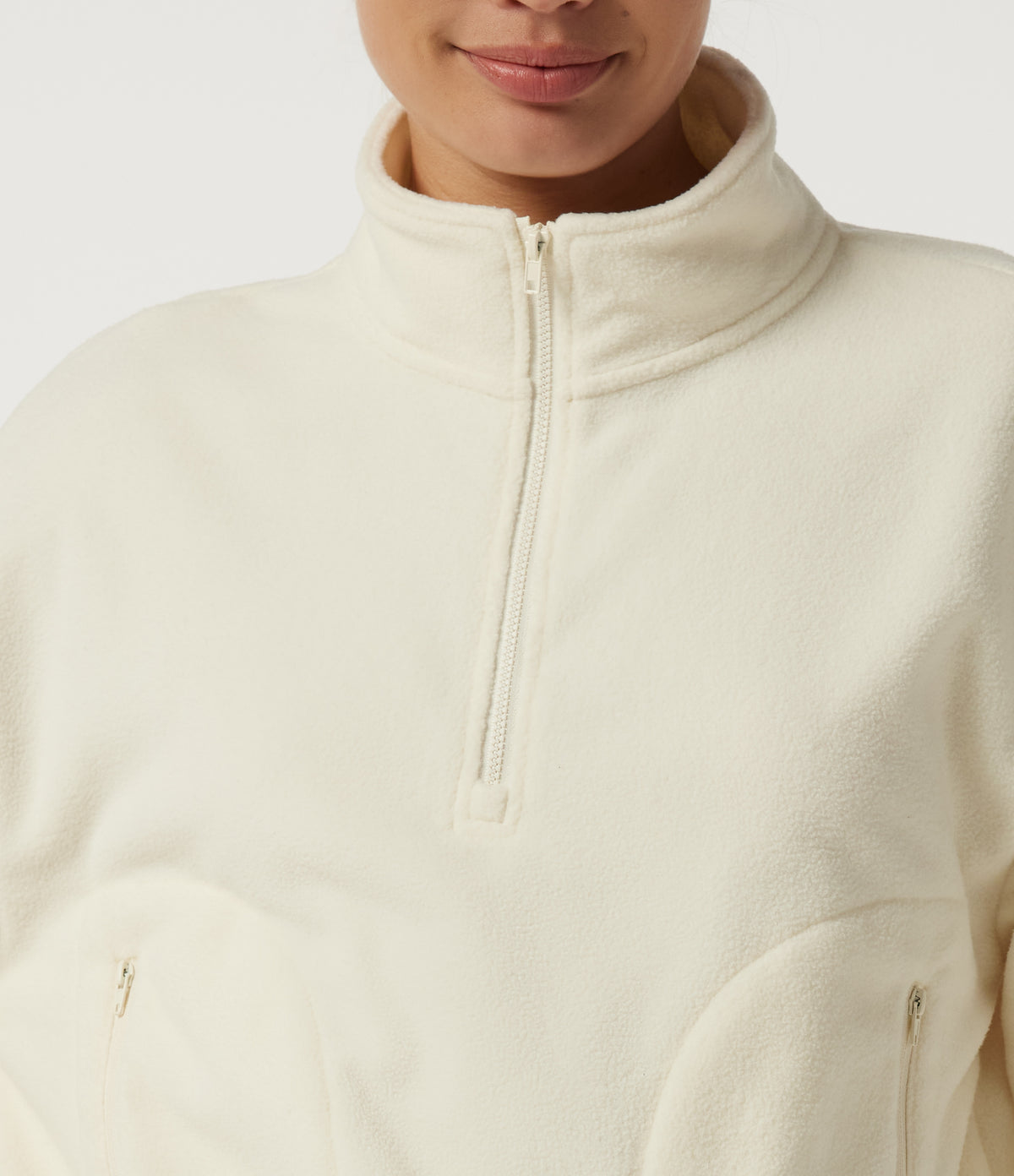 Mock Neck Long Sleeve Running Sports Top with Pockets — White Asparagus — view 5