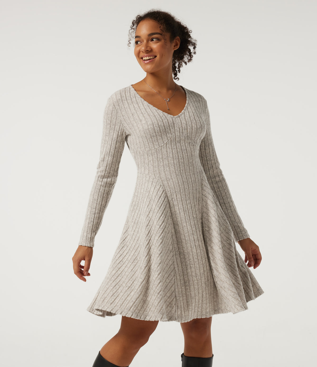 Ribbed Knit V Neck Long Sleeve Flare Mini Casual Dress with Pockets-Longer Length — Warm Grey Floral Velvet — view 3