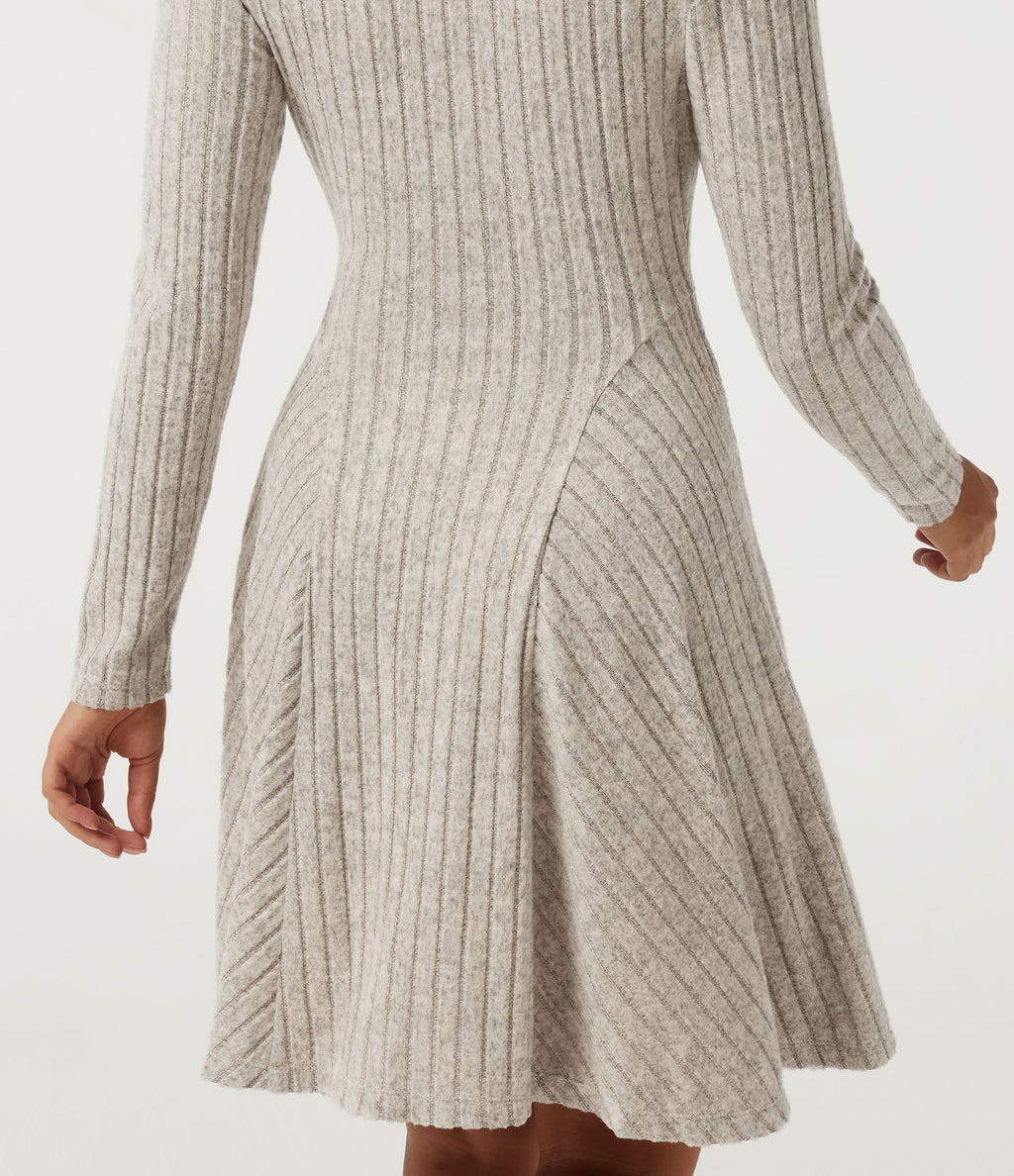 Ribbed Knit V Neck Long Sleeve Flare Mini Casual Dress with Pockets-Longer Length — Warm Grey Floral Velvet — view 5