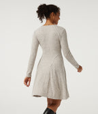 Ribbed Knit V Neck Long Sleeve Flare Mini Casual Dress with Pockets-Longer Length — Warm Grey Floral Velvet — view 2
