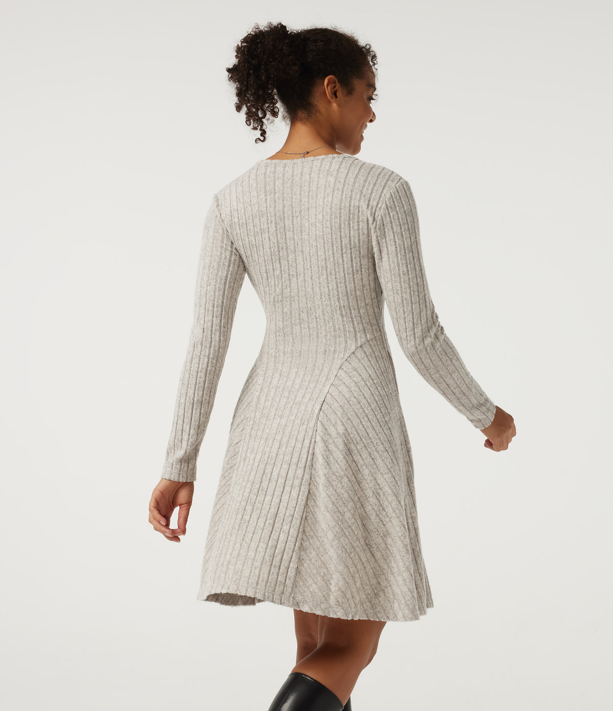 Ribbed Knit V Neck Long Sleeve Flare Mini Casual Dress with Pockets-Longer Length — Warm Grey Floral Velvet — view 2