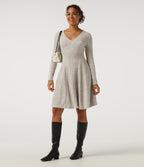 Ribbed Knit V Neck Long Sleeve Flare Mini Casual Dress with Pockets-Longer Length — Warm Grey Floral Velvet — view 6