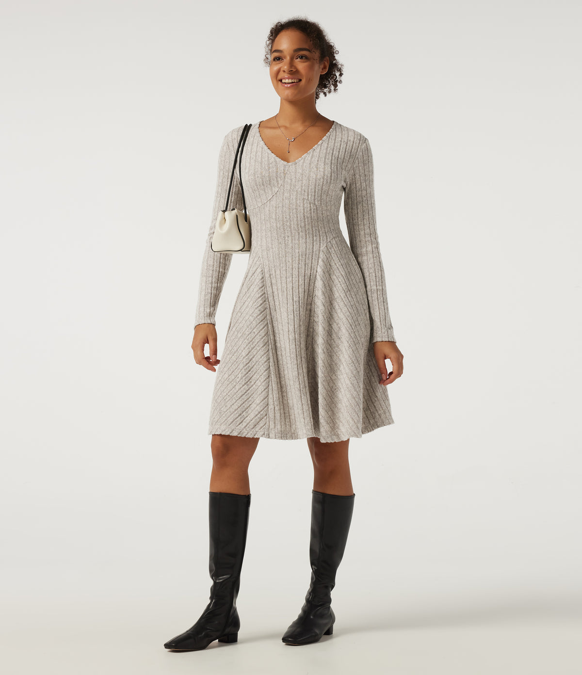 Ribbed Knit V Neck Long Sleeve Flare Mini Casual Dress with Pockets-Longer Length — Warm Grey Floral Velvet — view 6