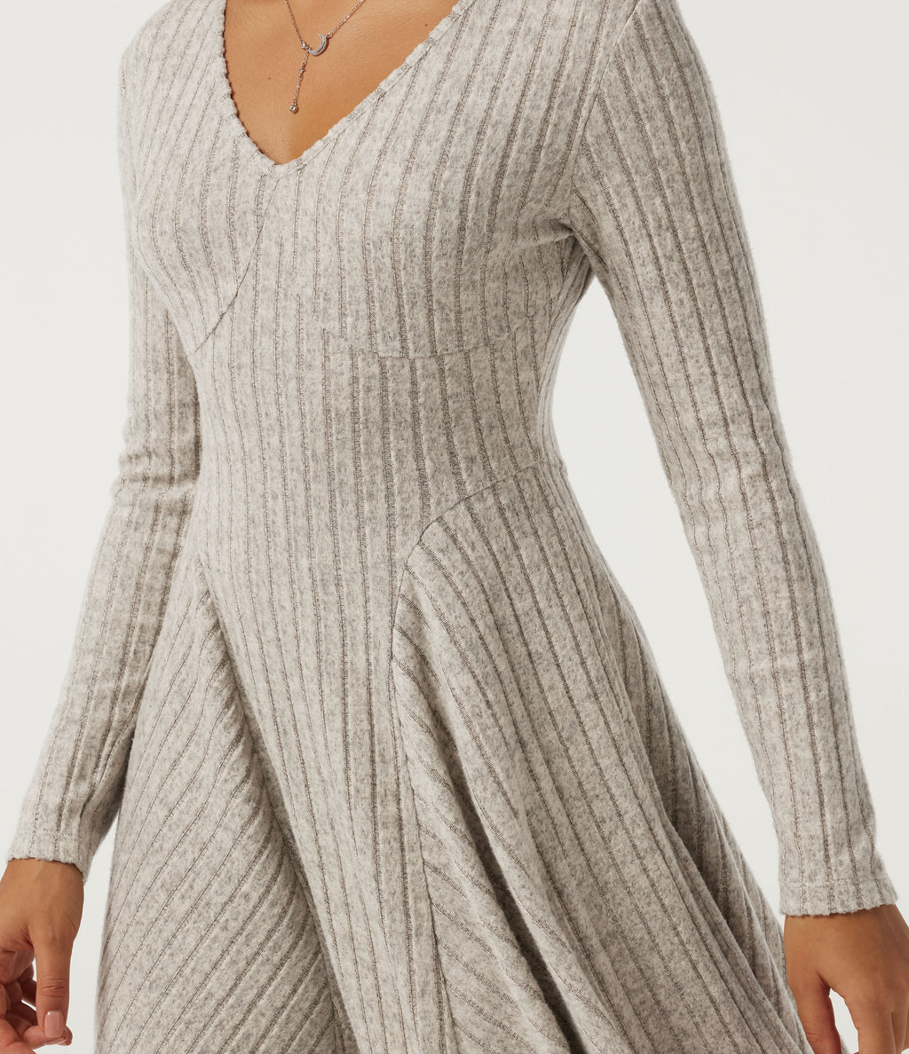 Ribbed Knit V Neck Long Sleeve Flare Mini Casual Dress with Pockets-Longer Length — Warm Grey Floral Velvet — view 4