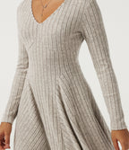 Ribbed Knit V Neck Long Sleeve Flare Mini Casual Dress with Pockets-Longer Length — Warm Grey Floral Velvet — view 4