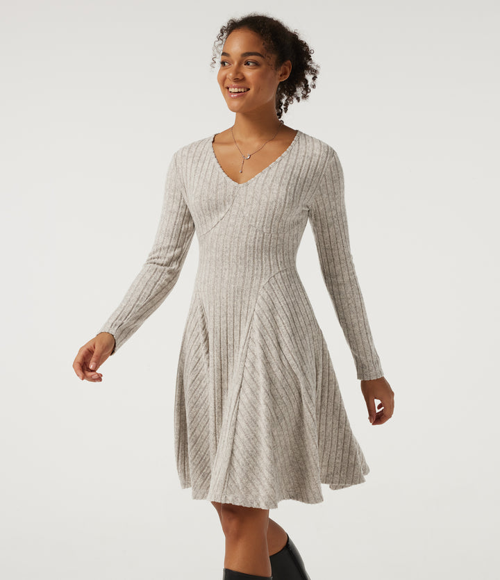 Ribbed Knit V Neck Long Sleeve Flare Mini Casual Dress with Pockets-Longer Length — Warm Grey Floral Velvet — view 1