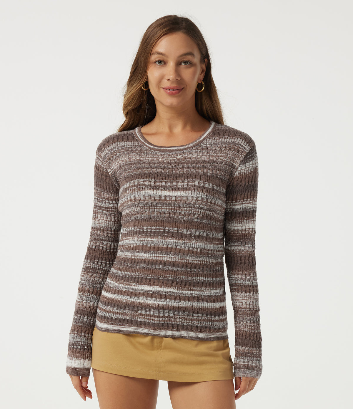 Round Neck Long Sleeve Stripe Casual Jumper — Roasted Oak Stripe — view 1