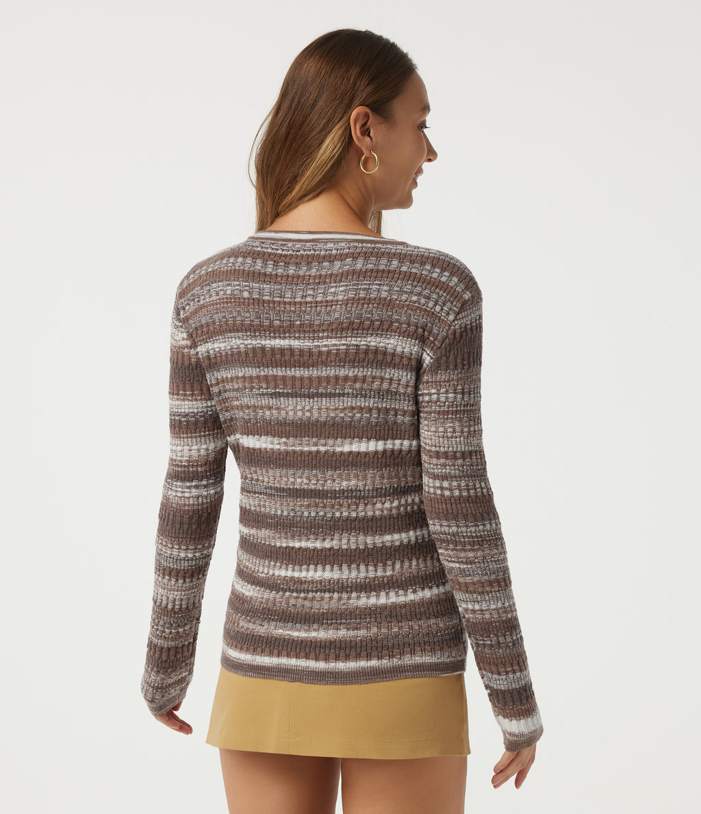 Round Neck Long Sleeve Stripe Casual Jumper — Roasted Oak Stripe — view 2