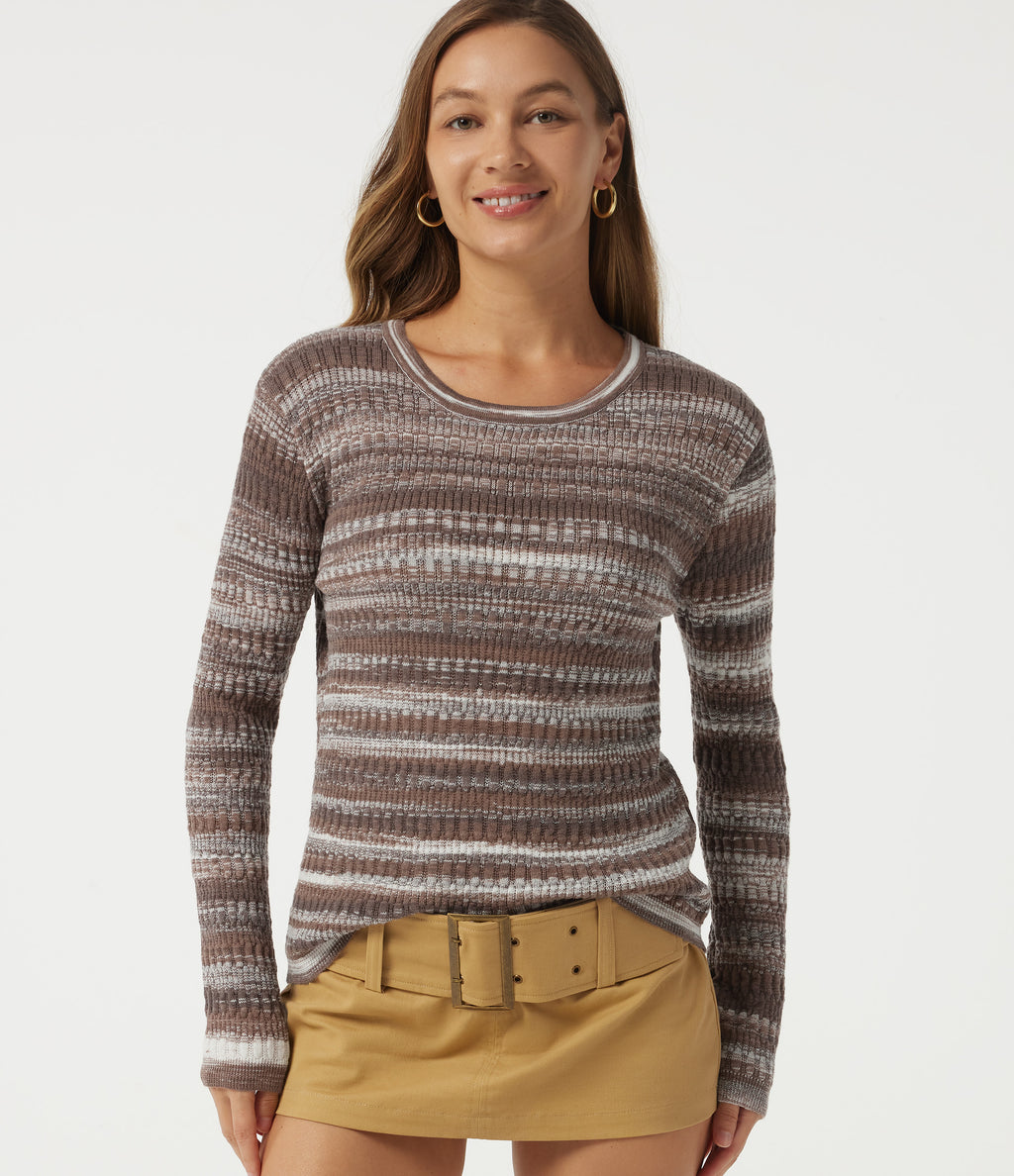 Round Neck Long Sleeve Stripe Casual Jumper — Roasted Oak Stripe — view 4