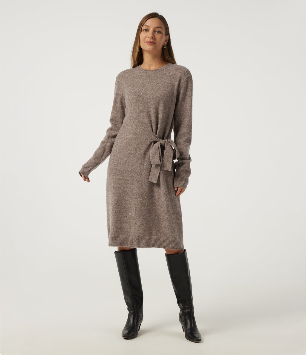 Round Neck Long Sleeve Tie Casual Midi Sweater Dress — Mocha Meringue — view 3