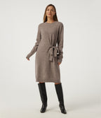 Round Neck Long Sleeve Tie Casual Midi Sweater Dress — Mocha Meringue — view 3