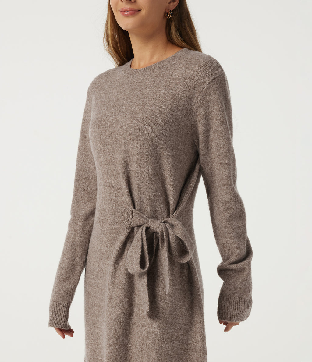 Round Neck Long Sleeve Tie Casual Midi Sweater Dress — Mocha Meringue — view 5