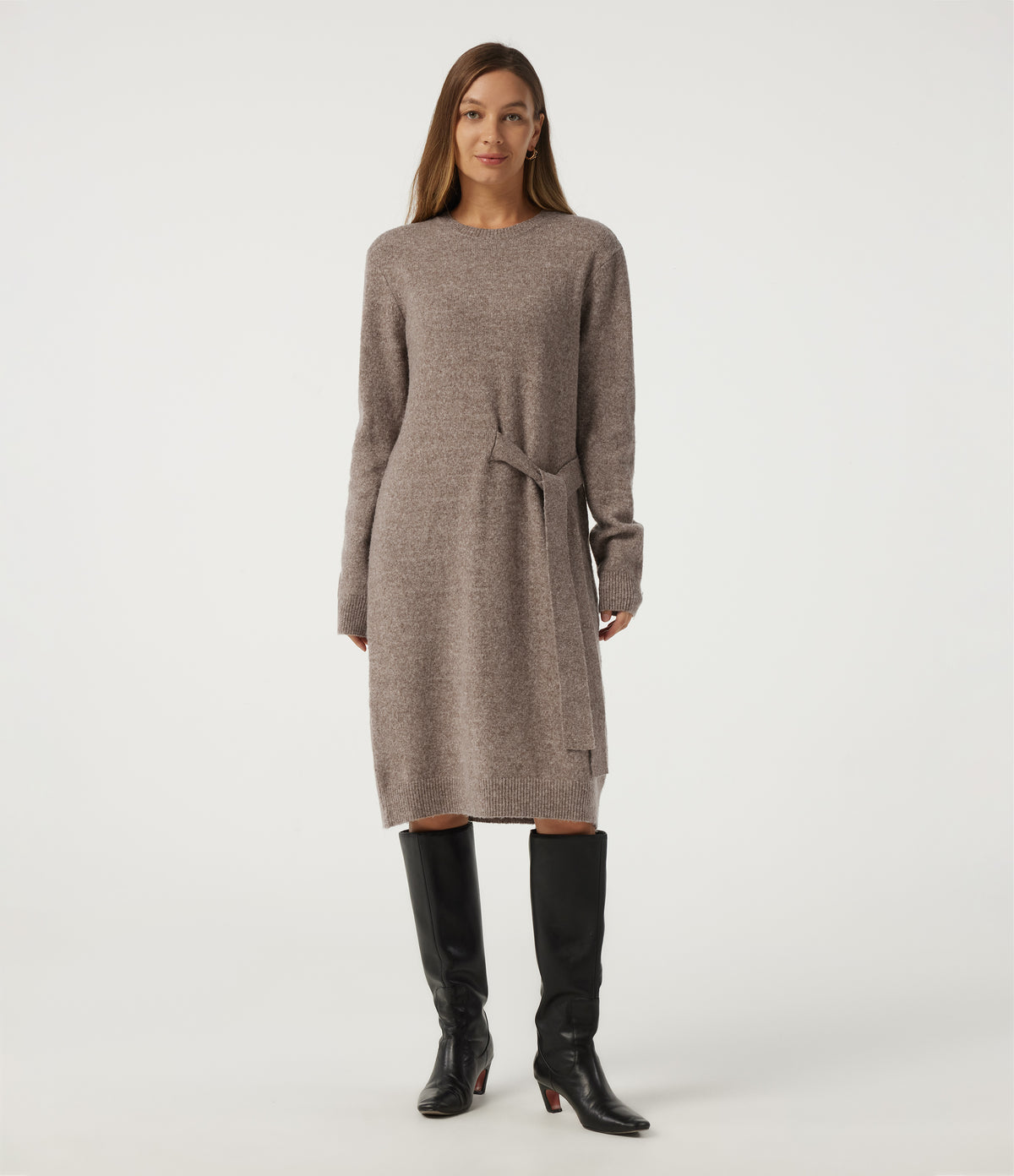 Round Neck Long Sleeve Tie Casual Midi Sweater Dress — Mocha Meringue — view 4
