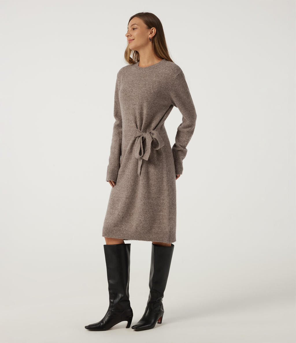 Round Neck Long Sleeve Tie Casual Midi Sweater Dress — Mocha Meringue — view 1