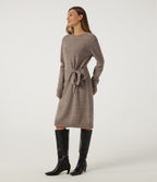 Round Neck Long Sleeve Tie Casual Midi Sweater Dress — Mocha Meringue — view 1