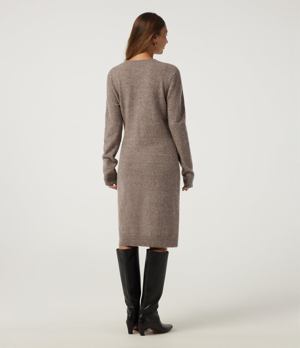 Round Neck Long Sleeve Tie Casual Midi Sweater Dress — Mocha Meringue — view 2