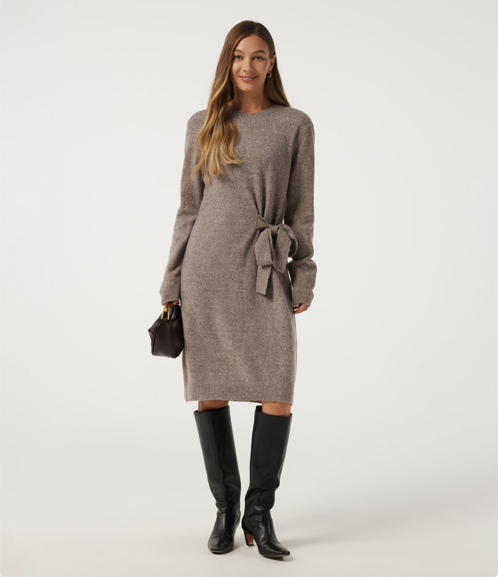 Round Neck Long Sleeve Tie Casual Midi Sweater Dress — Mocha Meringue — view 6
