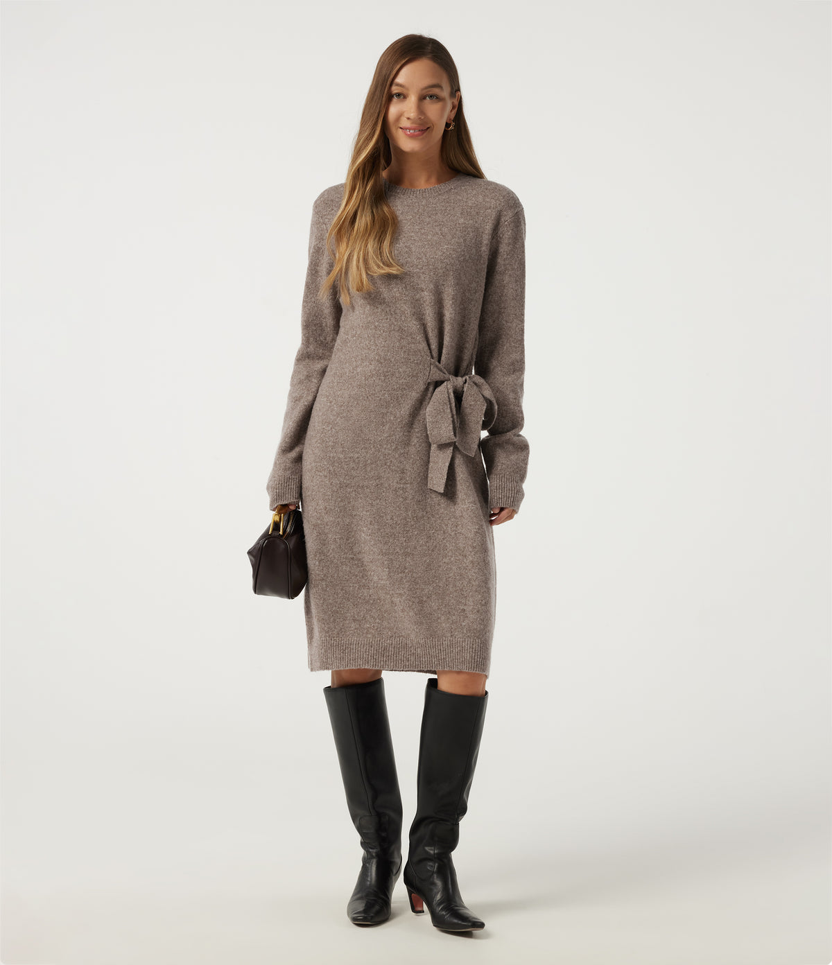 Round Neck Long Sleeve Tie Casual Midi Sweater Dress — Mocha Meringue — view 6