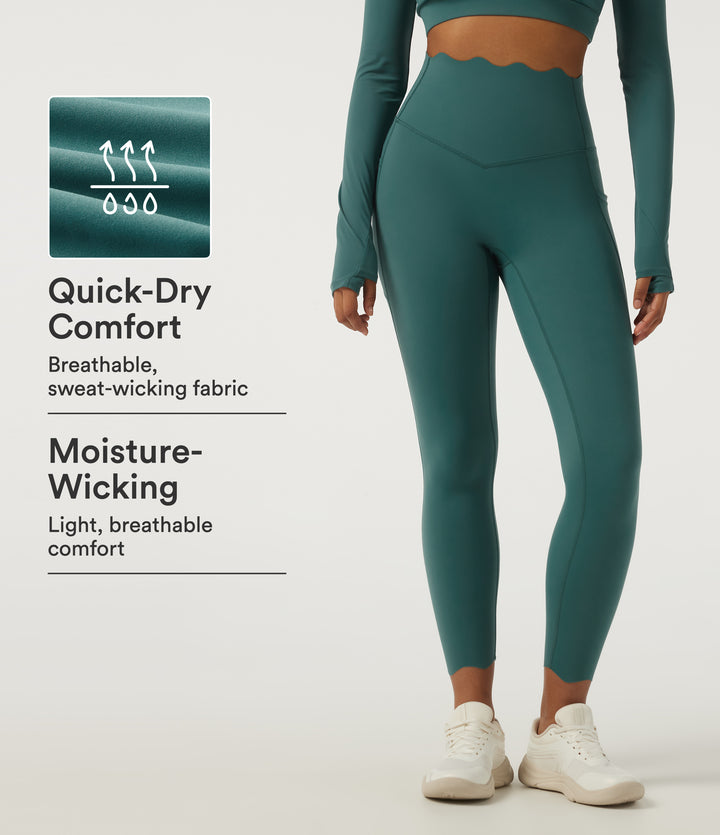 Quick Dry High Waisted Skinny Scallop Hem Running Leggings with Pockets — Viridian — view 1
