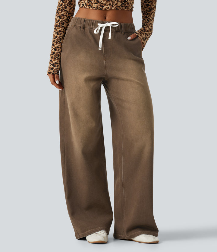 Mid Rise Straight Leg Colorful Denim Casual Jeans with Pockets — Rich Earth Brown — view 1