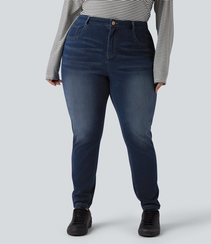 High Waisted Skinny Casual Cotton Jeans with Pockets — Pageant Blue Denim — view 1