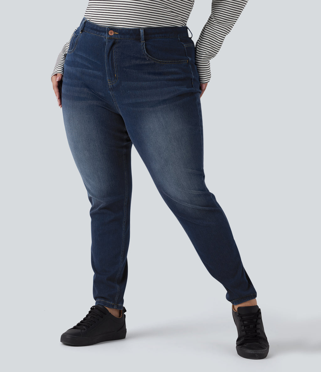 High Waisted Skinny Casual Cotton Jeans with Pockets — Pageant Blue Denim — view 3