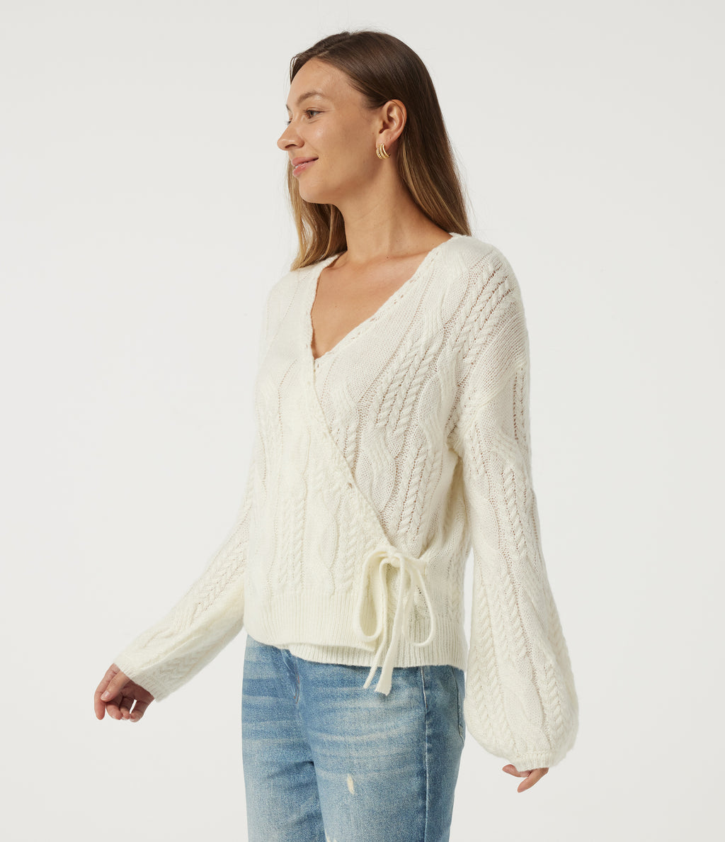 V Neck Bishop Long Sleeve Tie Casual Jumper — Star White — view 3