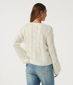 V Neck Bishop Long Sleeve Tie Casual Jumper — Star White — view 2