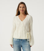 V Neck Bishop Long Sleeve Tie Casual Jumper — Star White — view 1