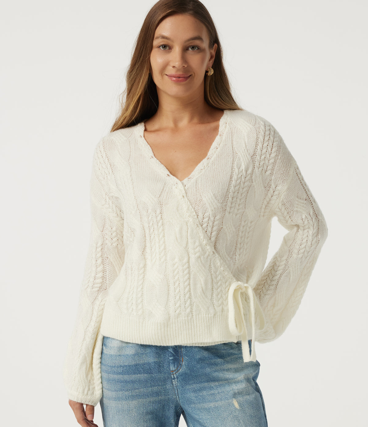 V Neck Bishop Long Sleeve Tie Casual Jumper — Star White — view 4