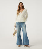 V Neck Bishop Long Sleeve Tie Casual Jumper — Star White — view 7