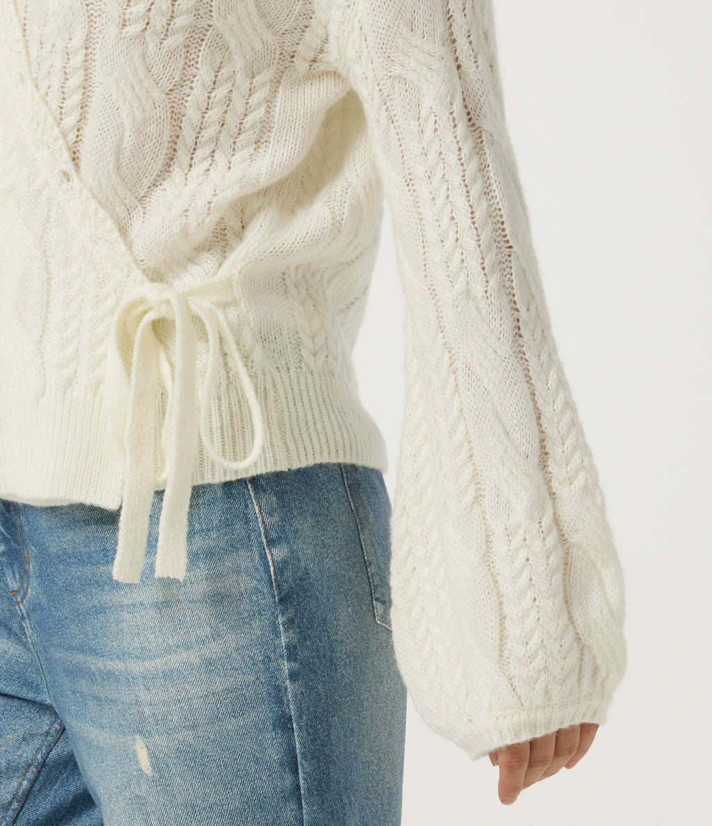 V Neck Bishop Long Sleeve Tie Casual Jumper — Star White — view 6