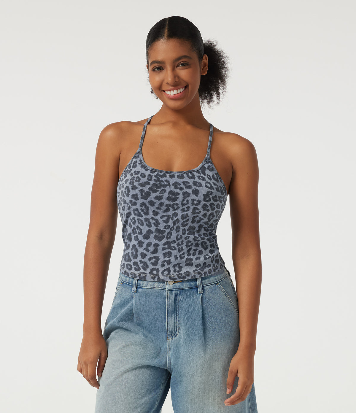 U Neck Leopard Print Sleeveless Built-in Bra Denim Casual Tank Top — Glacier Veil Leopard — view 4