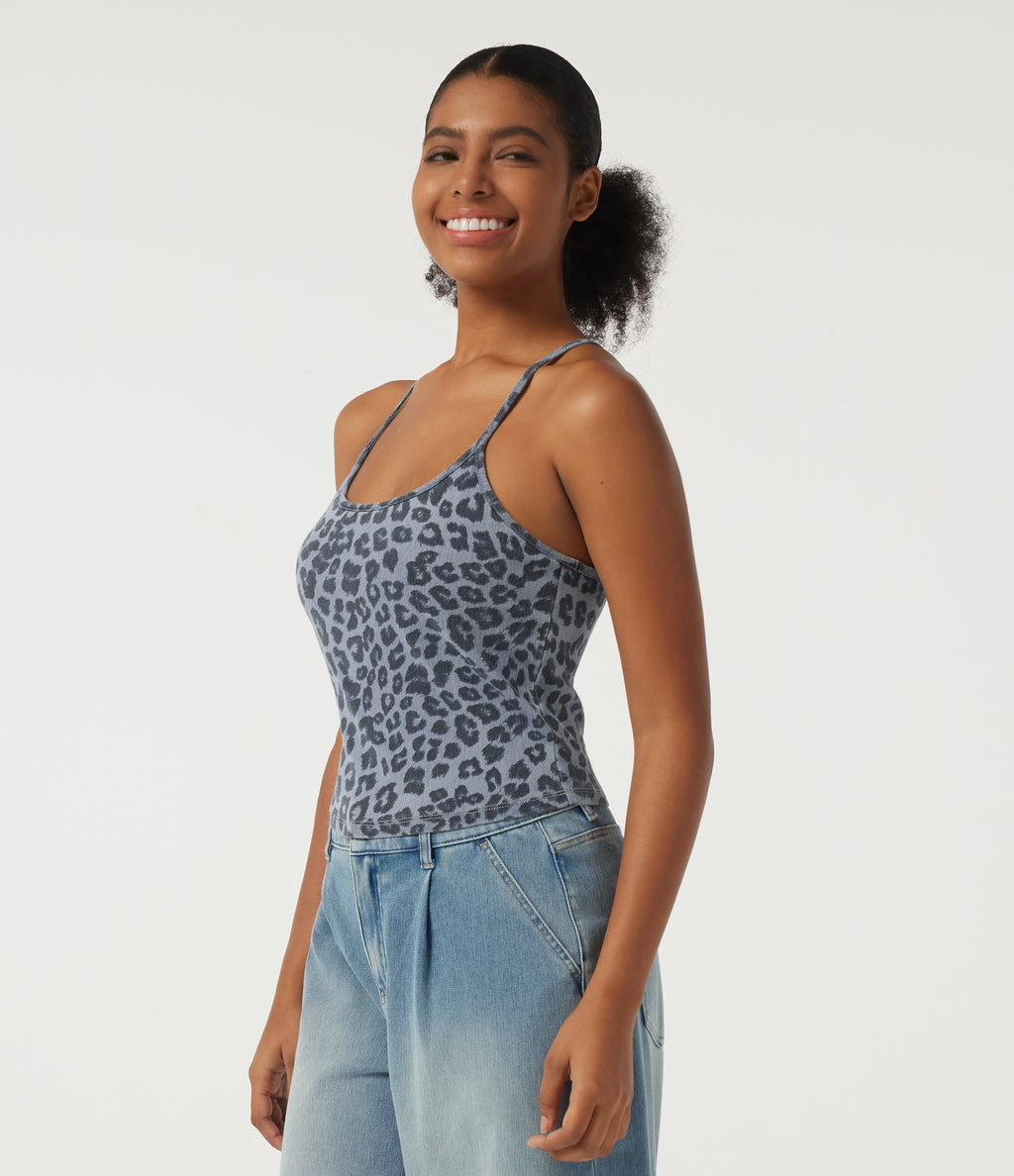 U Neck Leopard Print Sleeveless Built-in Bra Denim Casual Tank Top — Glacier Veil Leopard — view 3