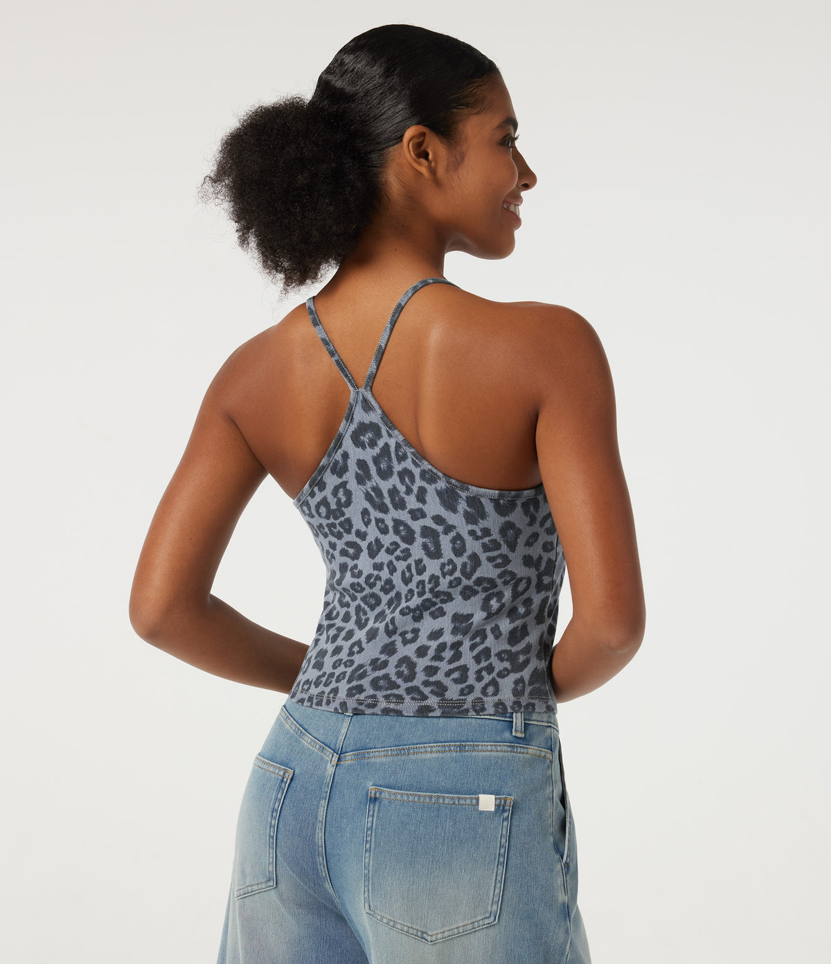 U Neck Leopard Print Sleeveless Built-in Bra Denim Casual Tank Top — Glacier Veil Leopard — view 5