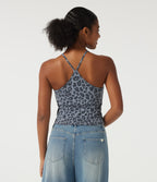 U Neck Leopard Print Sleeveless Built-in Bra Denim Casual Tank Top — Glacier Veil Leopard — view 2