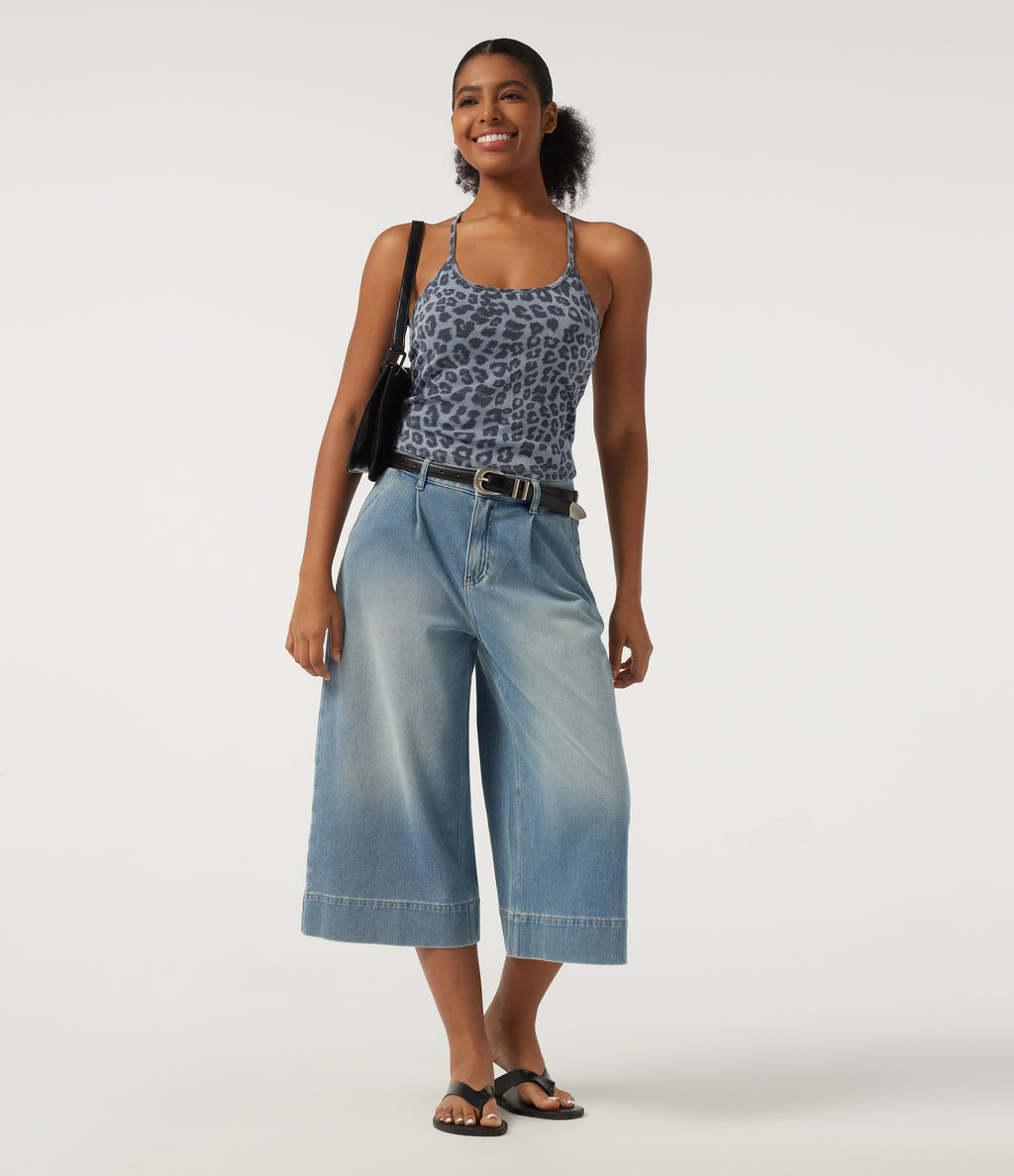 U Neck Leopard Print Sleeveless Built-in Bra Denim Casual Tank Top — Glacier Veil Leopard — view 8
