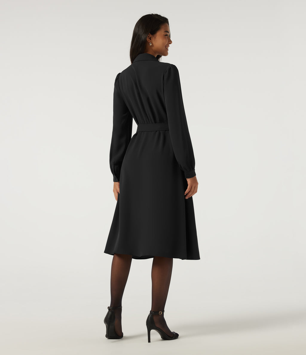 Long Sleeve Belted Pleated Midi Work Shirt Dress — Black — view 2