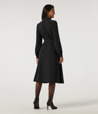Long Sleeve Belted Pleated Midi Work Shirt Dress — Black — view 2