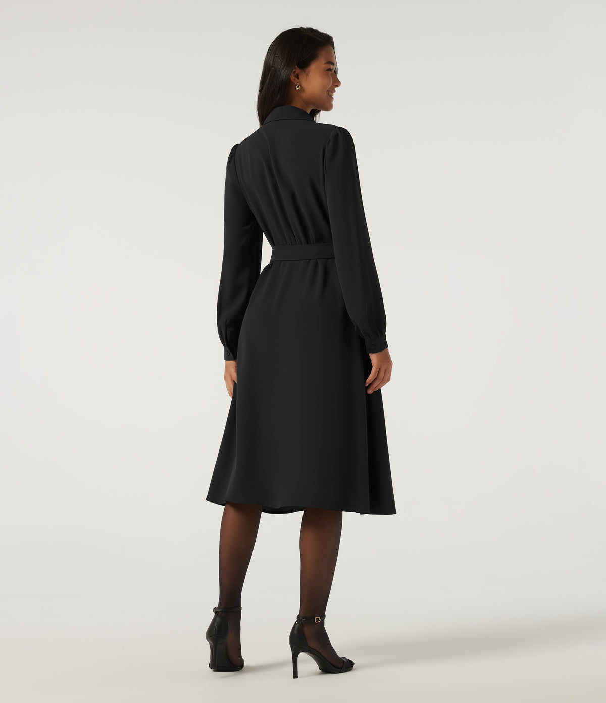 Long Sleeve Belted Pleated Midi Work Shirt Dress — Black — view 2
