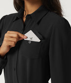 Long Sleeve Belted Pleated Midi Work Shirt Dress — Black — view 5