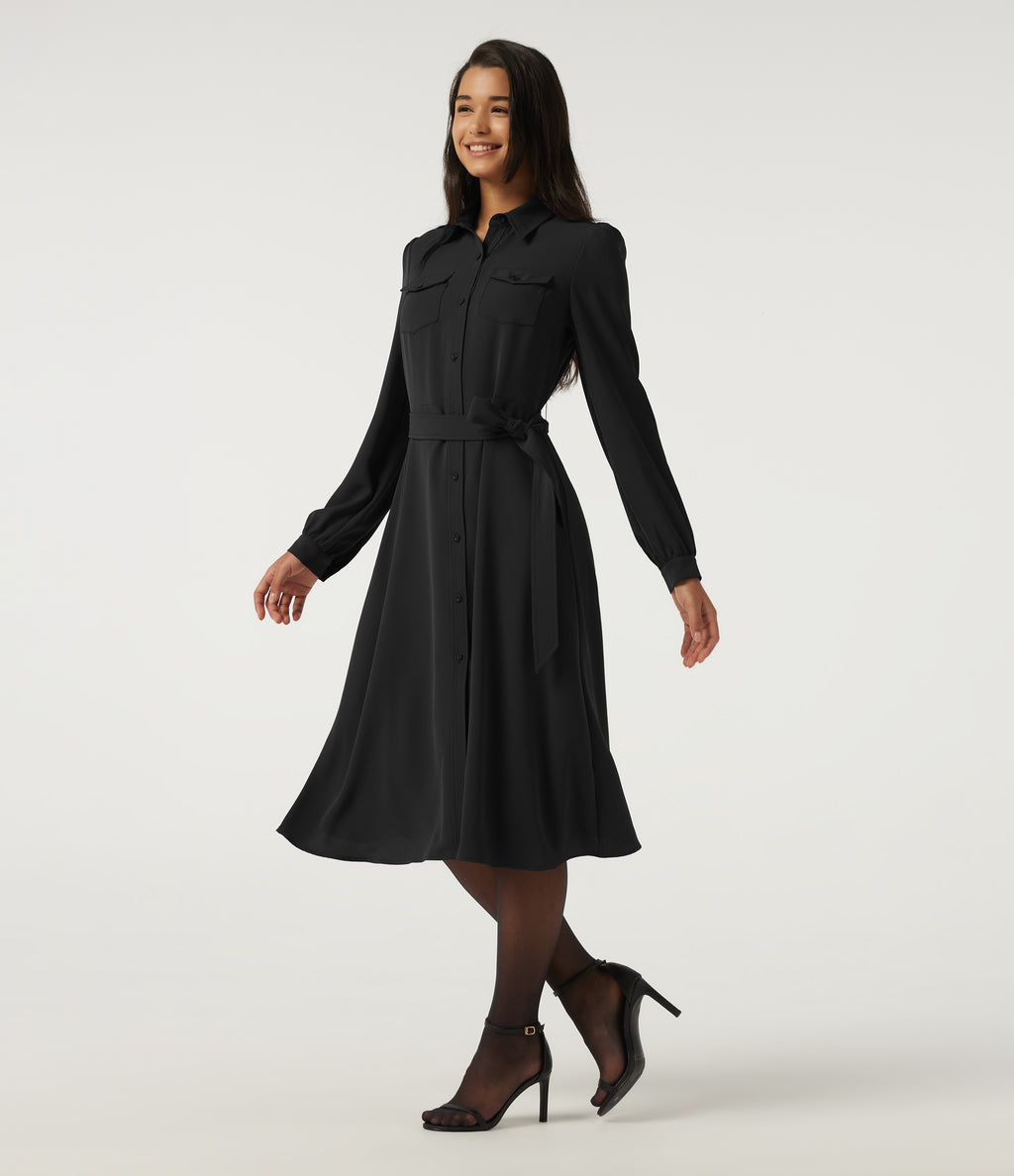 Long Sleeve Belted Pleated Midi Work Shirt Dress — Black — view 3