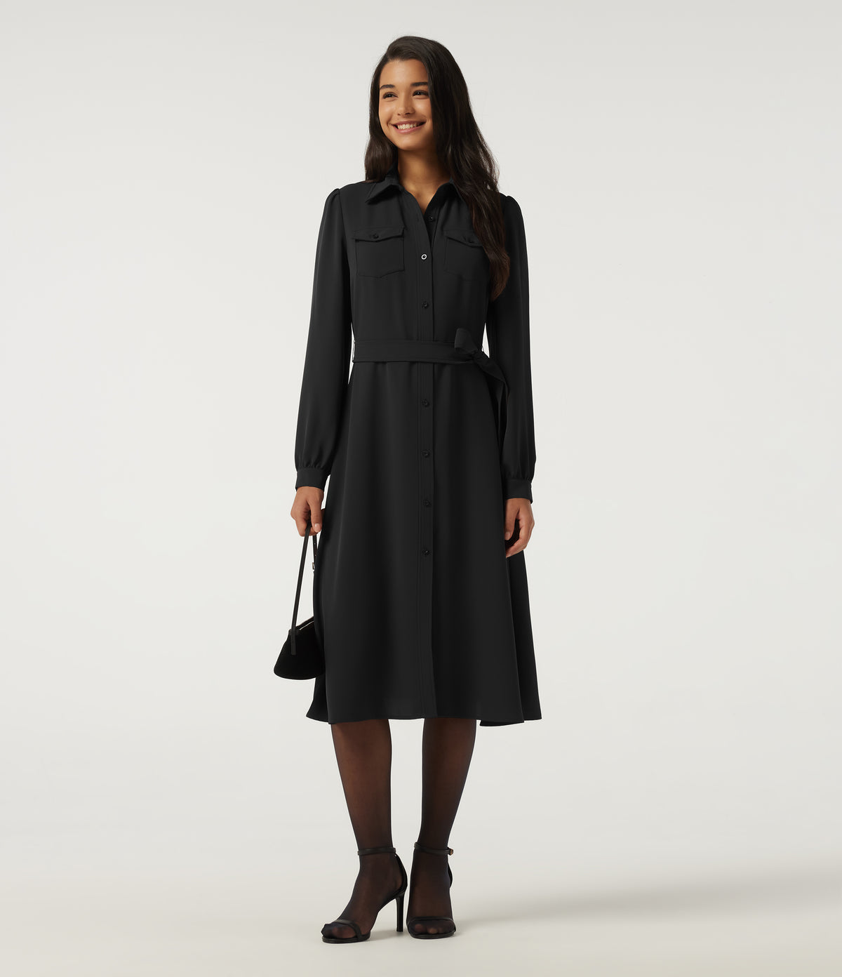 Long Sleeve Belted Pleated Midi Work Shirt Dress — Black — view 8