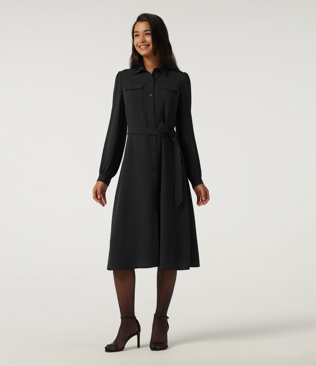 Long Sleeve Belted Pleated Midi Work Shirt Dress — Black — view 1