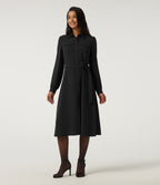 Long Sleeve Belted Pleated Midi Work Shirt Dress — Black — view 1